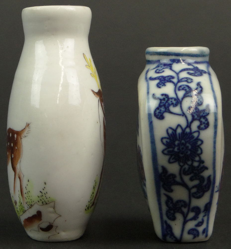 Chinese Blue and White Porcelain Snuff Bottle and a Chinese Porcelain Snuff Bottle with Deer Decoration. Blue and White Bottle Signed.