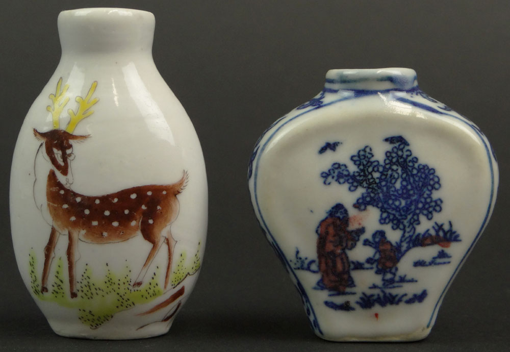 Chinese Blue and White Porcelain Snuff Bottle and a Chinese Porcelain Snuff Bottle with Deer Decoration. Blue and White Bottle Signed.
