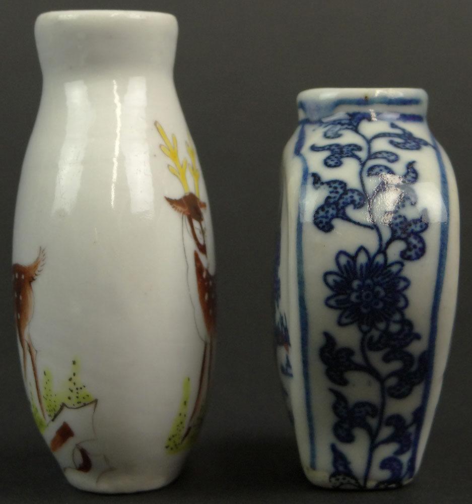 Chinese Blue and White Porcelain Snuff Bottle and a Chinese Porcelain Snuff Bottle with Deer Decoration. Blue and White Bottle Signed.