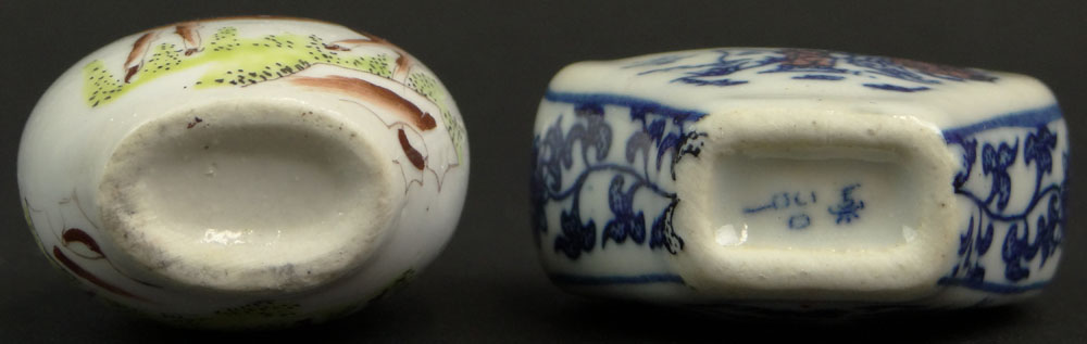 Chinese Blue and White Porcelain Snuff Bottle and a Chinese Porcelain Snuff Bottle with Deer Decoration. Blue and White Bottle Signed.