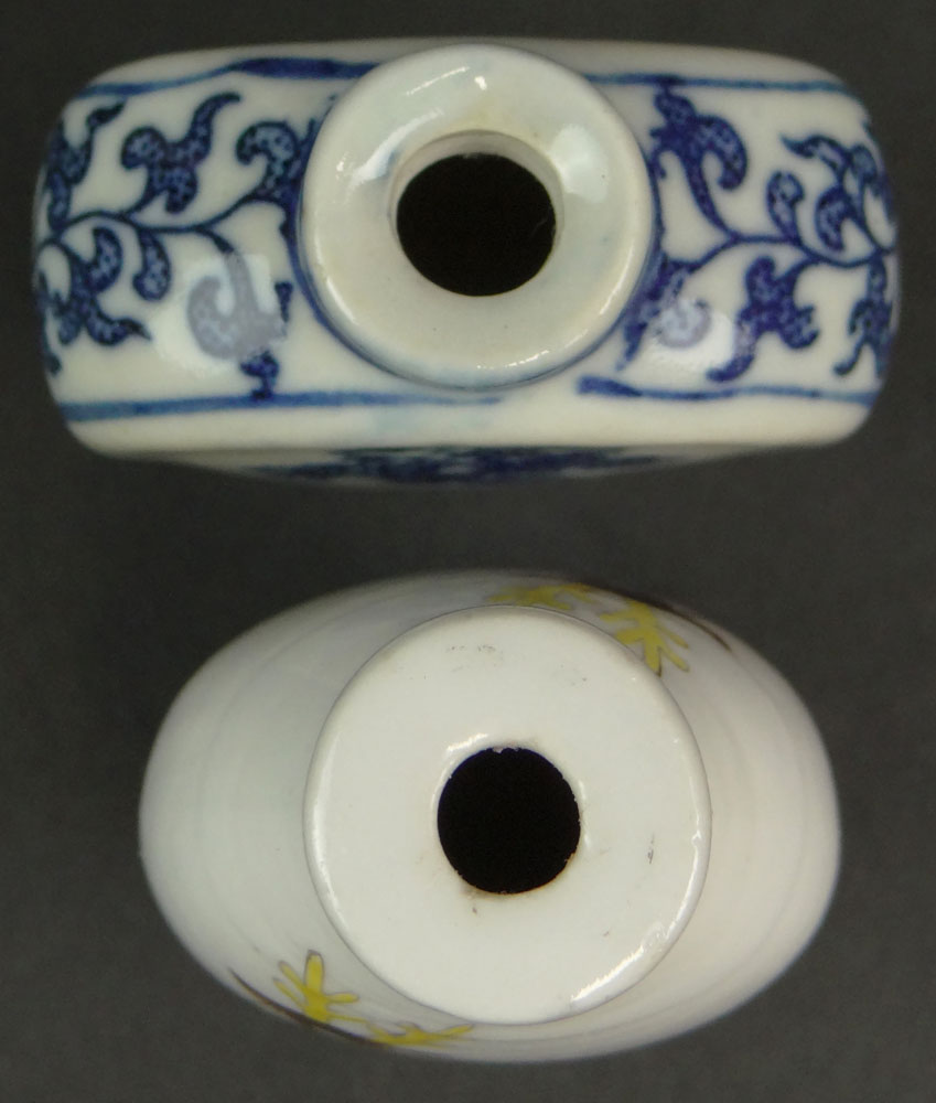 Chinese Blue and White Porcelain Snuff Bottle and a Chinese Porcelain Snuff Bottle with Deer Decoration. Blue and White Bottle Signed.