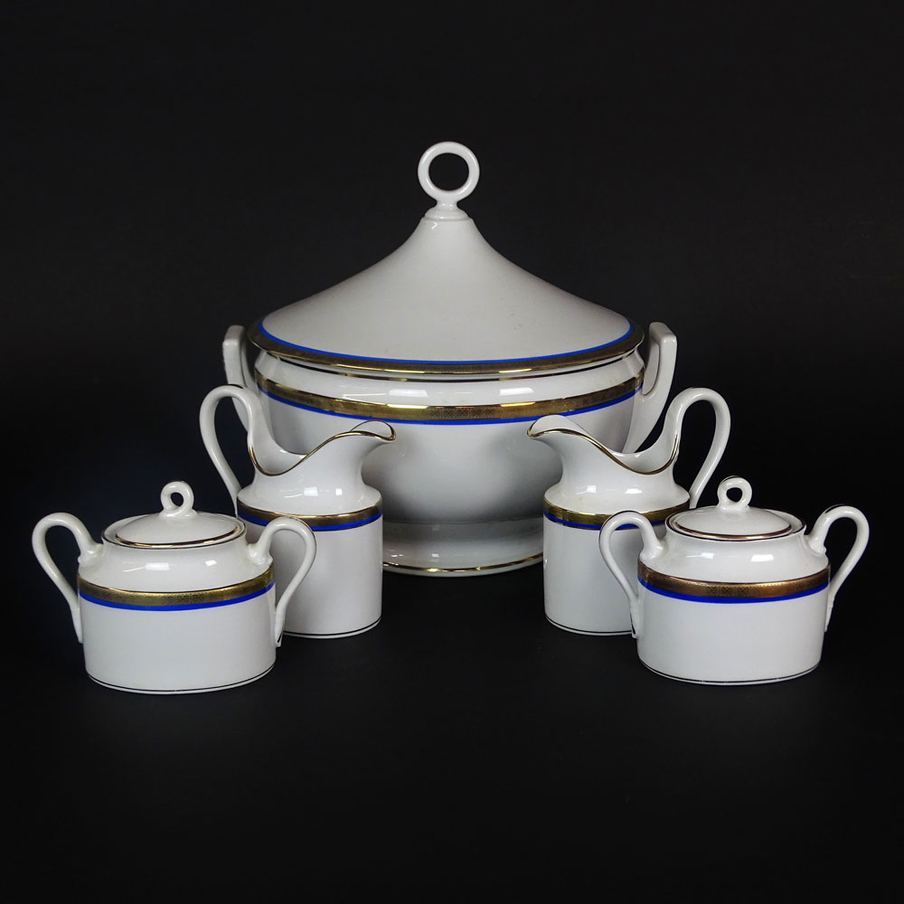 Five (5) Pieces Richard Ginori "Danube" Porcelain Serving Pieces. Includes a large covered tureen, 2 creamers, 2 lidded sugar bowls.