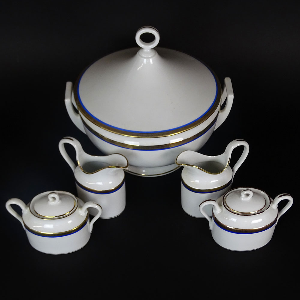 Five (5) Pieces Richard Ginori "Danube" Porcelain Serving Pieces. Includes a large covered tureen, 2 creamers, 2 lidded sugar bowls.
