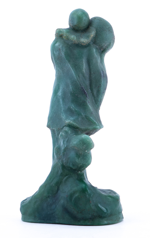 Amalric Walter, French  (1870 - 1959) Walter of Nancy, Sculpture Pate De Verre "Harlequin Holding Moon" Sculpture. Signed and inscribed on obverse side.