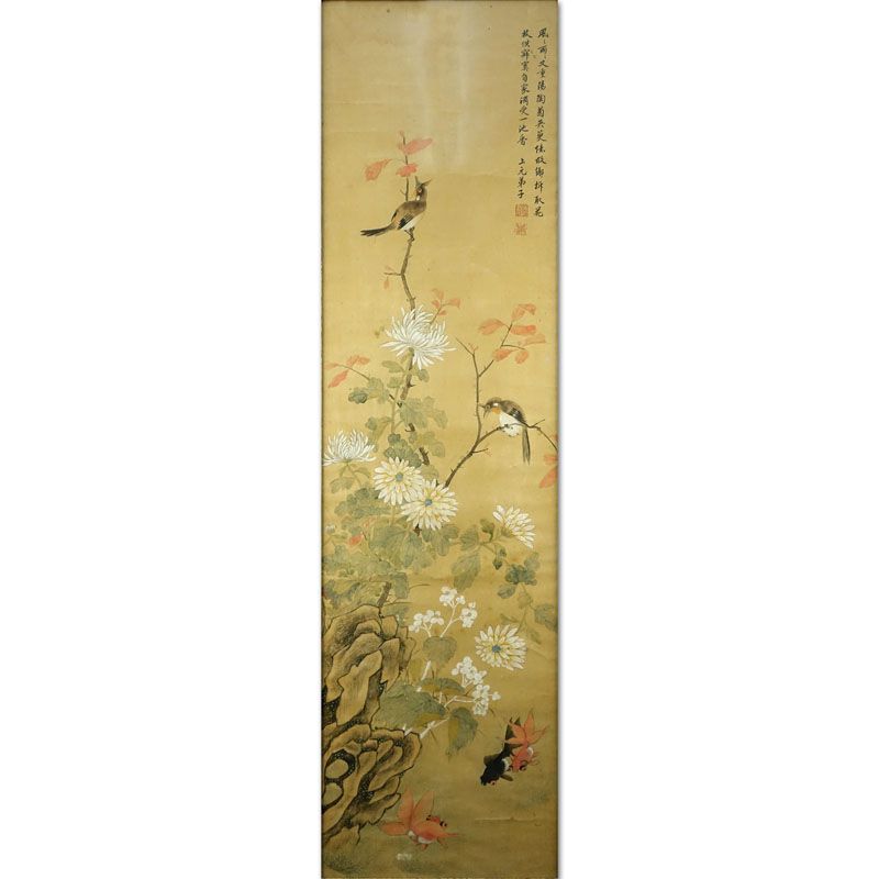 Late 19th or Early 20th Century Chinese Watercolor on Silk Scroll Painting. Red seal stamp marks and handwritten calligraphy inscription.
