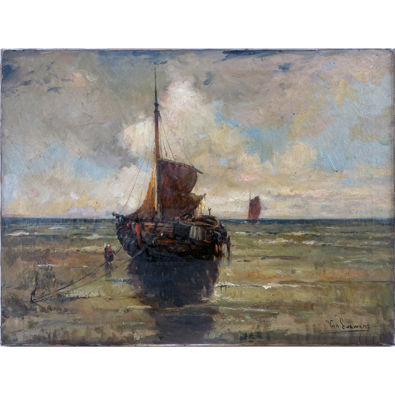 19th Century Dutch School Oil On Canvas." Ships At Sea".