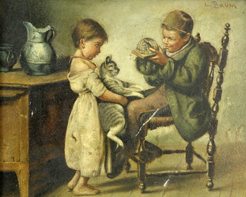 19/20th Century Oil of Board, Interior Scene with Children with Animal, Signed L. Baum Top Right.