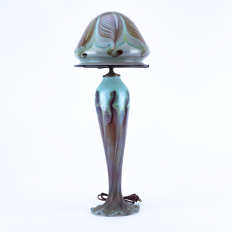 Art Nouveau Style Art Glass Pulled Feather Iridescent Lamp with Shade. Unsigned.