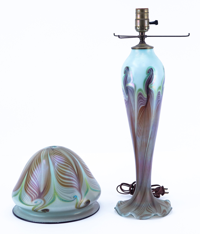 Art Nouveau Style Art Glass Pulled Feather Iridescent Lamp with Shade. Unsigned.
