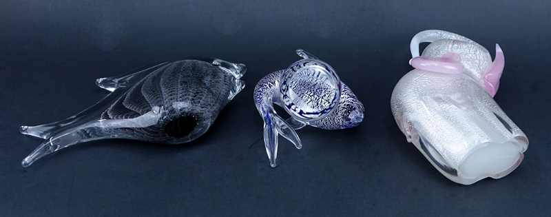 Collection of Three (3) Mid Century Art Glass Animal Figurines. Includes a signed Murano elephant, signed FM Konstglas fish, and unsigned dolphin.
