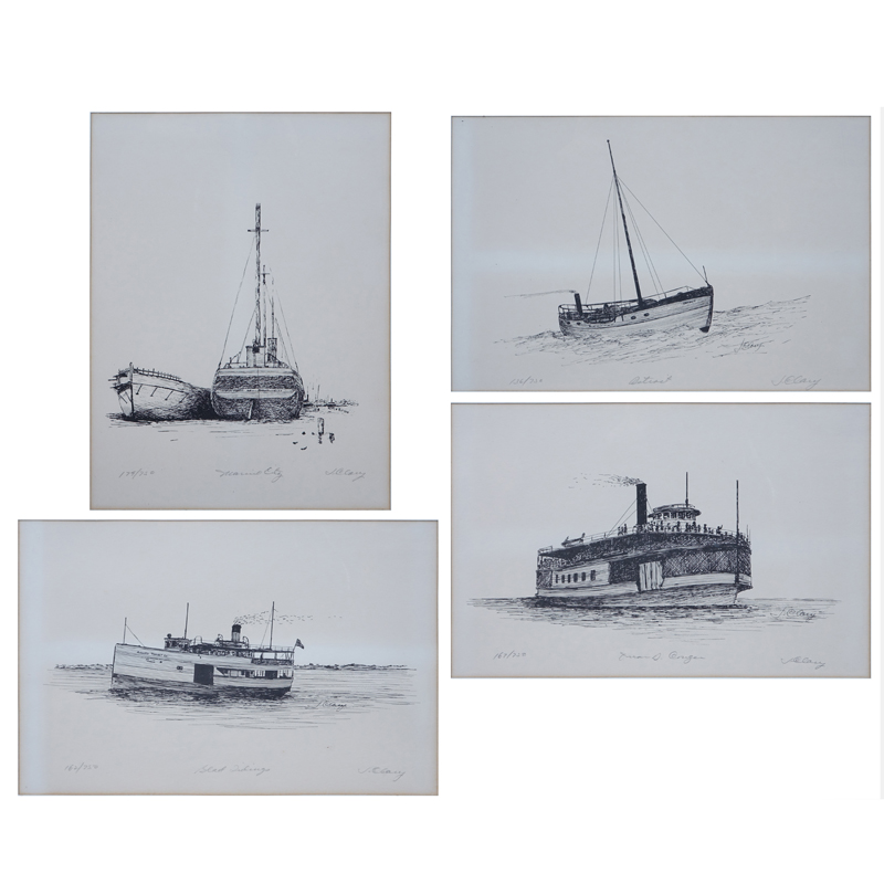 James Clary, American (20th C) Collection of four (4) Nautical Etchings. Includes: Glad Tidings 162/750, Detroit 179/750, Marine City 179/750, Steam Ship (name illegible)167/750.