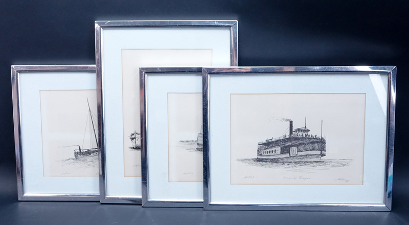 James Clary, American (20th C) Collection of four (4) Nautical Etchings. Includes: Glad Tidings 162/750, Detroit 179/750, Marine City 179/750, Steam Ship (name illegible)167/750.
