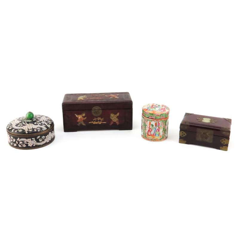 Collection of Four (4) Chinese Boxes. Includes: Two hardstone inlaid boxes, cloisonné round box, and porcelain covered box.