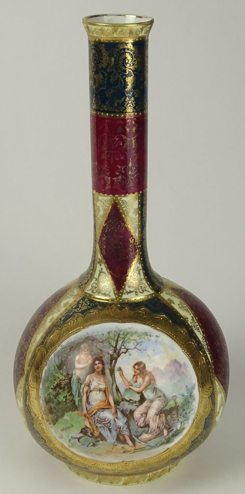 20th Century Royal Vienna type Porcelain Bottle Vase. Beehive Mark to Base.