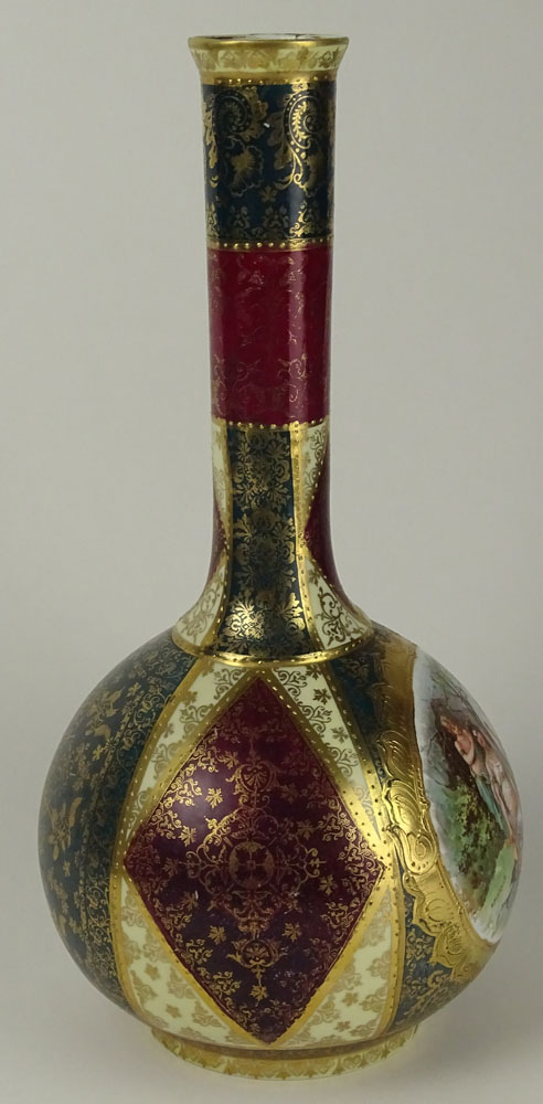 20th Century Royal Vienna type Porcelain Bottle Vase. Beehive Mark to Base.