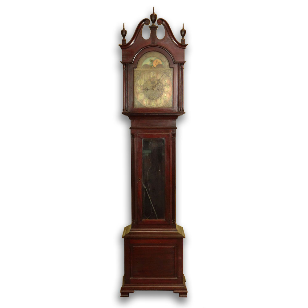 Antique German Grandfather Clock Retailed by Hershede. Mahogany Bonnet Top Case with Urn Finials and Pillar Sides.