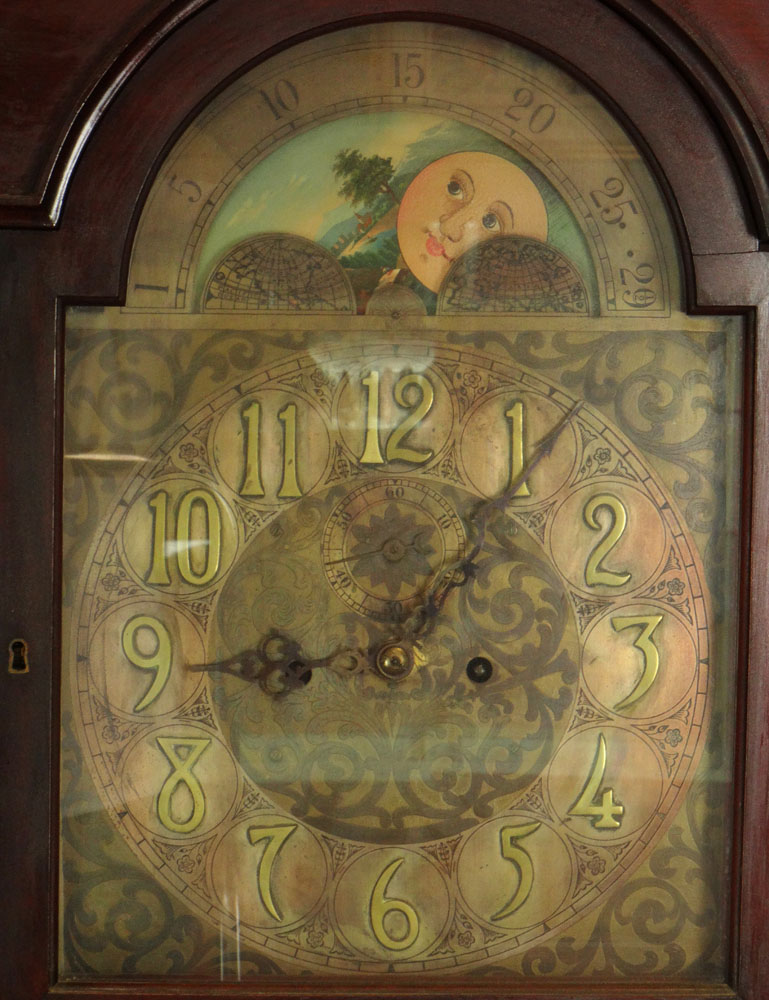 Antique German Grandfather Clock Retailed by Hershede. Mahogany Bonnet Top Case with Urn Finials and Pillar Sides.