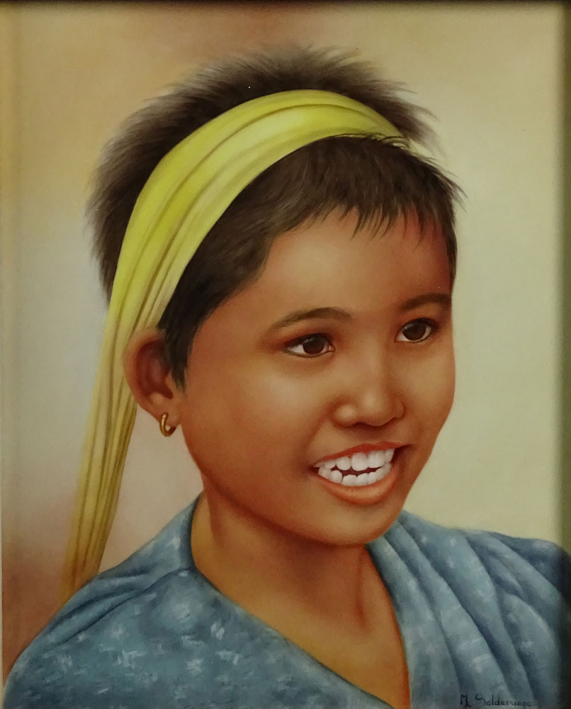 Maria Teresa Saldarriaga, American  (1954 - ) Contemporary Plaque Hand Painted Porcelain Plaque "Young Girl With Headband" Signed M. Saldariagga.