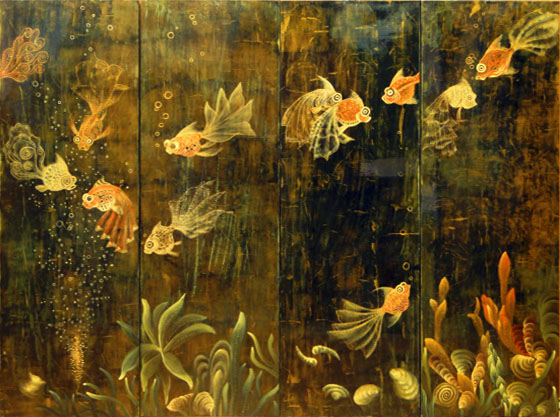 Four (4) Modern Chinese Lacquered Wooden Wall Panels with Fish Decoration. Unsigned.