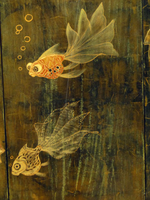 Four (4) Modern Chinese Lacquered Wooden Wall Panels with Fish Decoration. Unsigned.