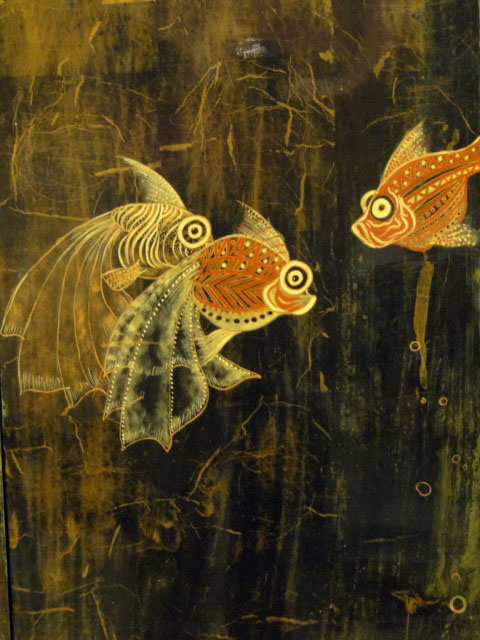 Four (4) Modern Chinese Lacquered Wooden Wall Panels with Fish Decoration. Unsigned.