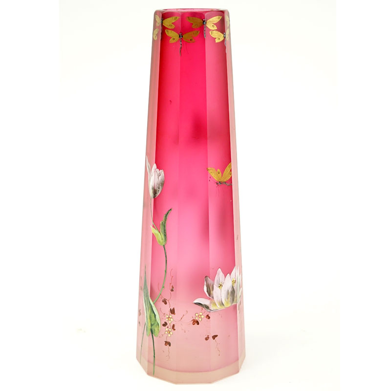 French Art Deco Hand painted Flower and Dragonfly Art Glass Vase. Unsigned.