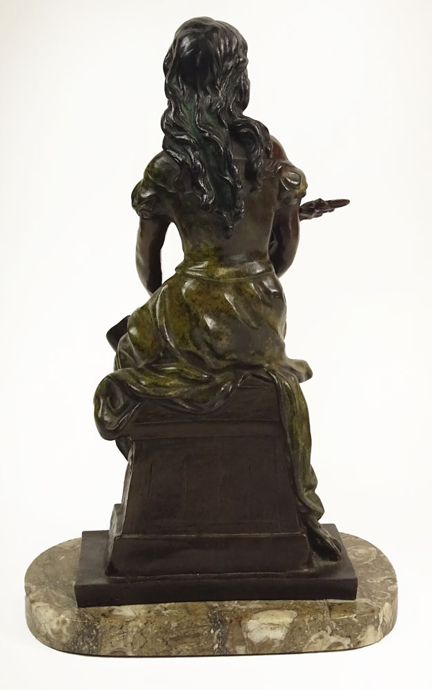 Hippolyte Francois Moreau, French (1832-1927) Bronze Sculpture "Girl With Guitar" On Marble Base. Signed Hip.