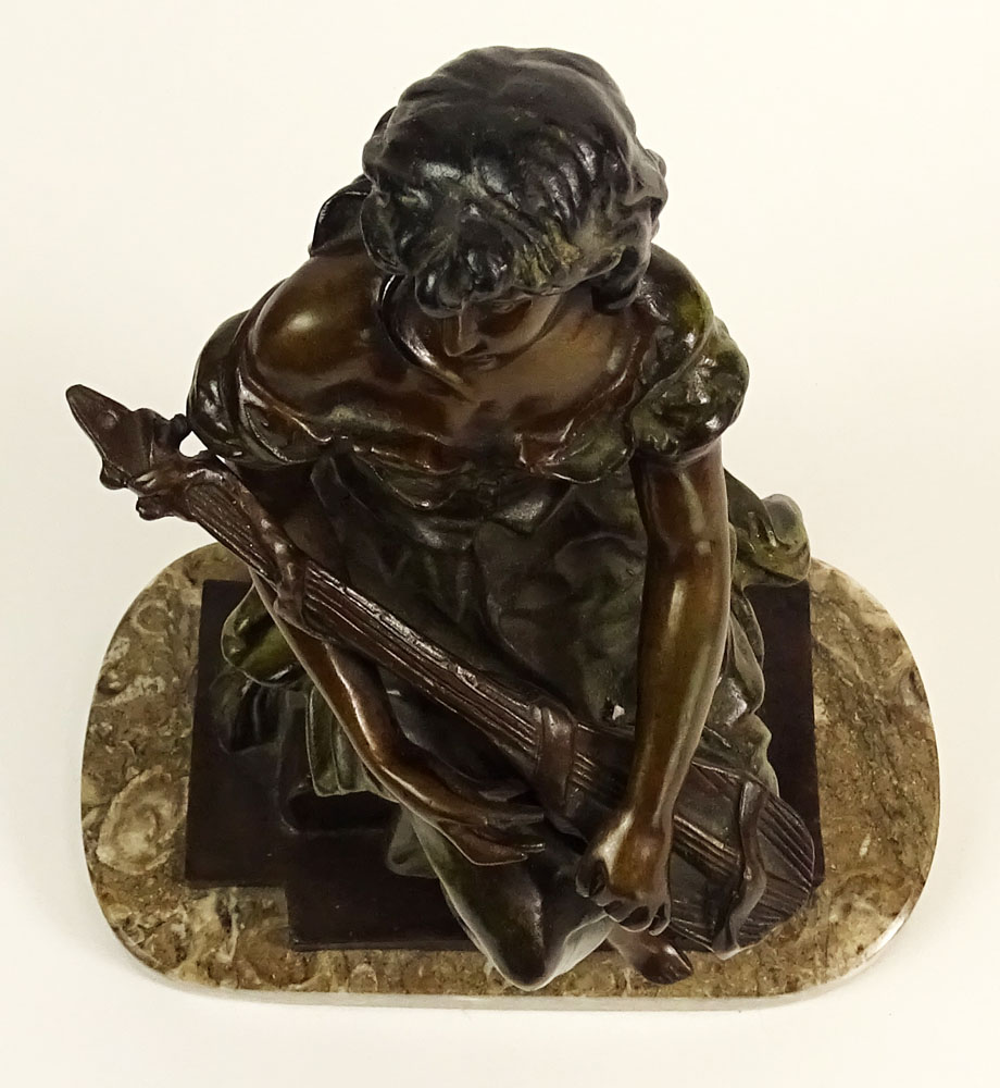 Hippolyte Francois Moreau, French (1832-1927) Bronze Sculpture "Girl With Guitar" On Marble Base. Signed Hip.