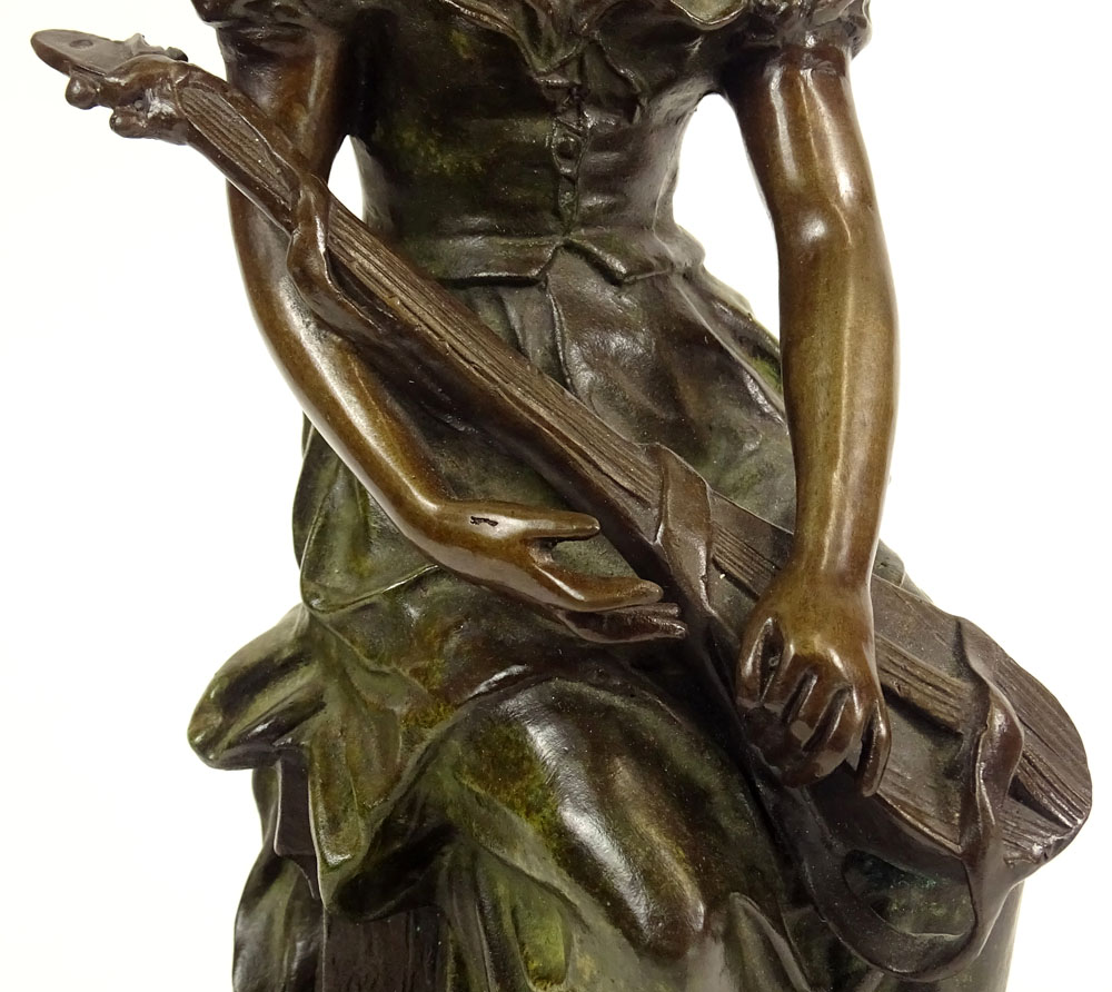 Hippolyte Francois Moreau, French (1832-1927) Bronze Sculpture "Girl With Guitar" On Marble Base. Signed Hip.