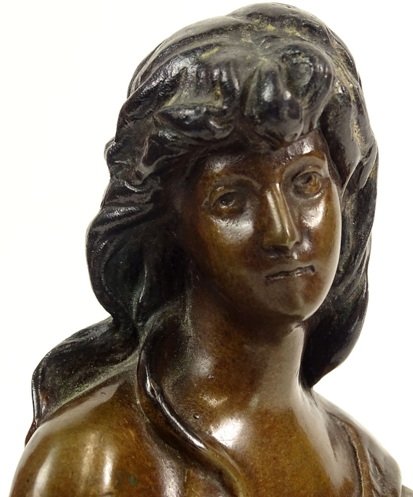 Hippolyte Francois Moreau, French (1832-1927) Bronze Sculpture "Girl With Guitar" On Marble Base. Signed Hip.