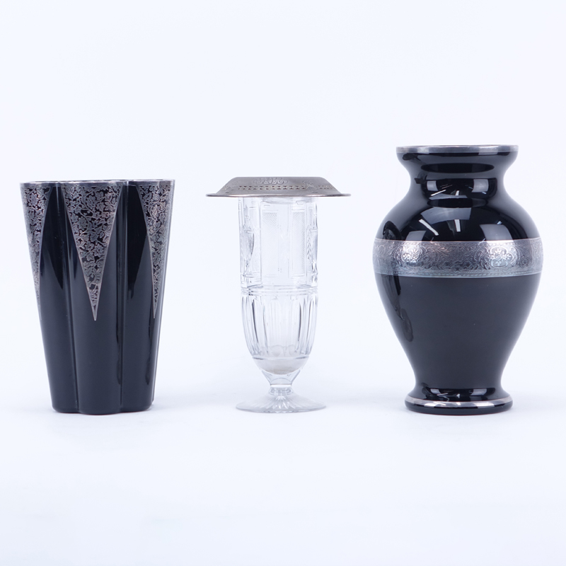 Two Silver Overlay and Black Satin Glass Vases along with Etched Glass Footed vase with Sterling Rim. black vases are signed: one Rockwell other is signed Czech, etched glass vase is stamped sterling on rim.