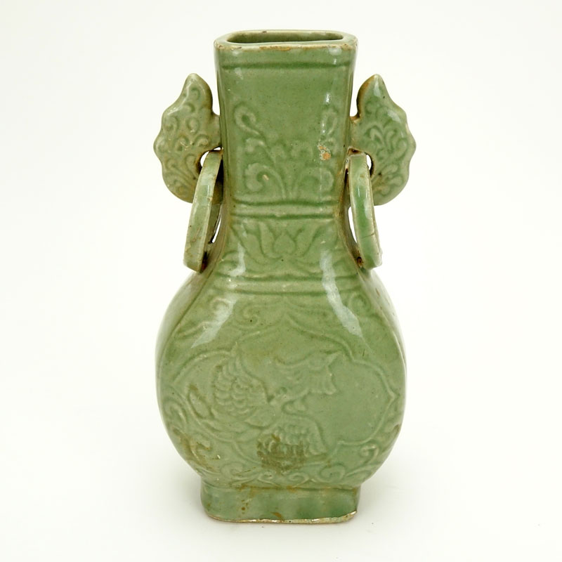 Chinese Yuan Dynasty Celadon Glazed and Incised Ring Handled Vase. Unsigned.