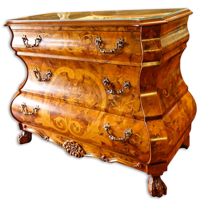 Modern Dutch Style Marquetry Inlaid Chest of Drawers. Total of 3 drawers, brass hardware, fitted glass top, and stands on ball/claw feet.