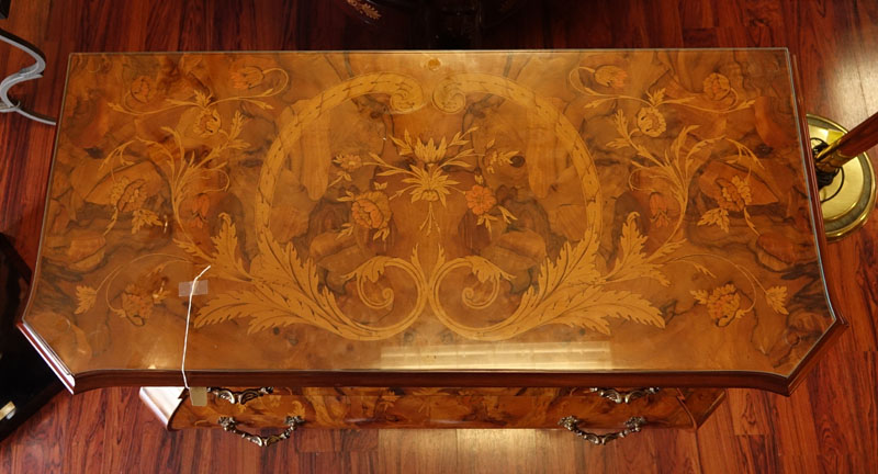 Modern Dutch Style Marquetry Inlaid Chest of Drawers. Total of 3 drawers, brass hardware, fitted glass top, and stands on ball/claw feet.