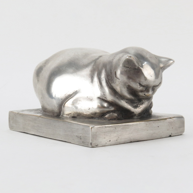 After: Edouard-Marcel Sandoz, Swiss/French (1881-1971) "Chat Endormi" Silvered Bronze Sculpture. Artist signed and inscribed "Susse Fes Edts Paris" to base.