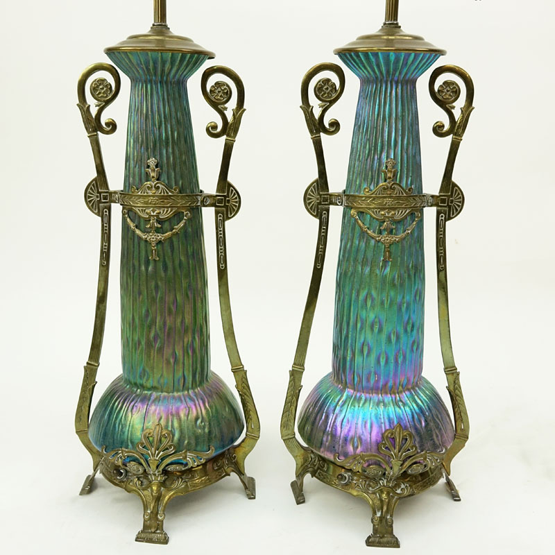 An Impressive Pair Of Kralik Sea Urchin Art Nouveau Bohemian Art Glass Lamps. The bases in the form of vases, mounted in white metal frames.