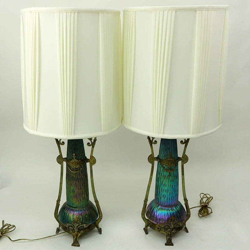 An Impressive Pair Of Kralik Sea Urchin Art Nouveau Bohemian Art Glass Lamps. The bases in the form of vases, mounted in white metal frames.