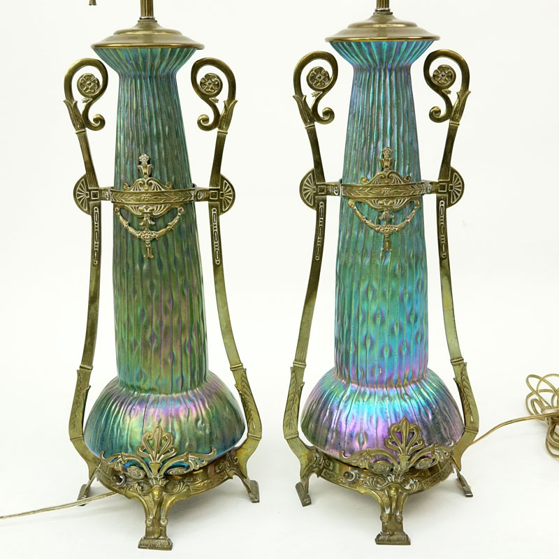 An Impressive Pair Of Kralik Sea Urchin Art Nouveau Bohemian Art Glass Lamps. The bases in the form of vases, mounted in white metal frames.
