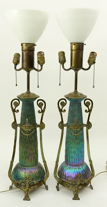 An Impressive Pair Of Kralik Sea Urchin Art Nouveau Bohemian Art Glass Lamps. The bases in the form of vases, mounted in white metal frames.