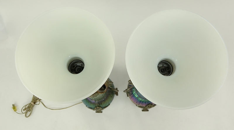 An Impressive Pair Of Kralik Sea Urchin Art Nouveau Bohemian Art Glass Lamps. The bases in the form of vases, mounted in white metal frames.