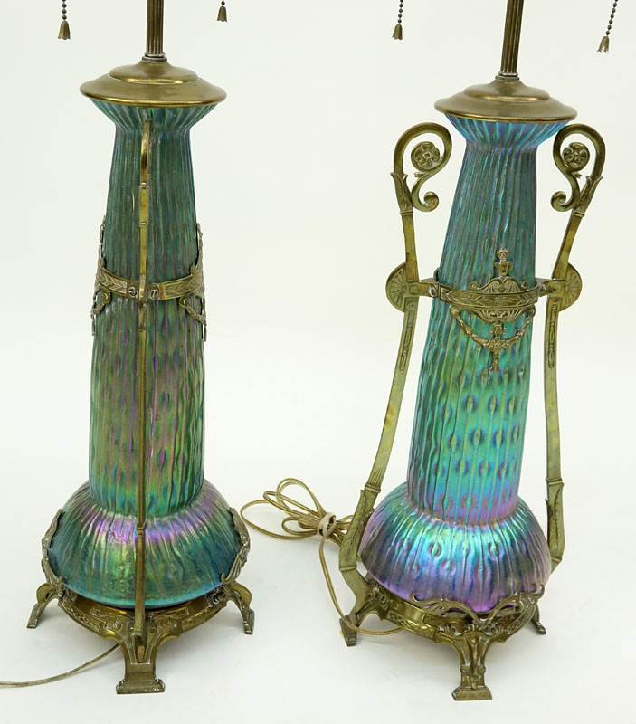 An Impressive Pair Of Kralik Sea Urchin Art Nouveau Bohemian Art Glass Lamps. The bases in the form of vases, mounted in white metal frames.