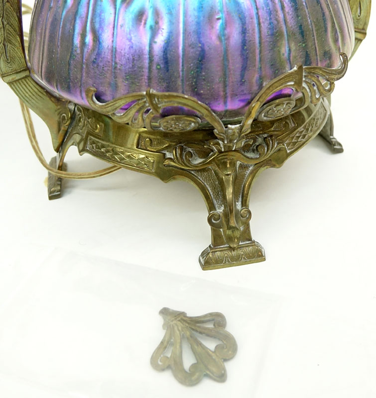 An Impressive Pair Of Kralik Sea Urchin Art Nouveau Bohemian Art Glass Lamps. The bases in the form of vases, mounted in white metal frames.