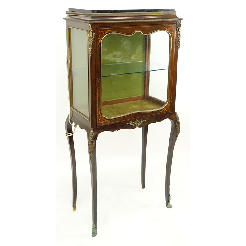 Antique Louis XV Style French Bronze Mounted Marquetry Inlaid Glass Vitrine with Marble Top. Has one glass shelf.