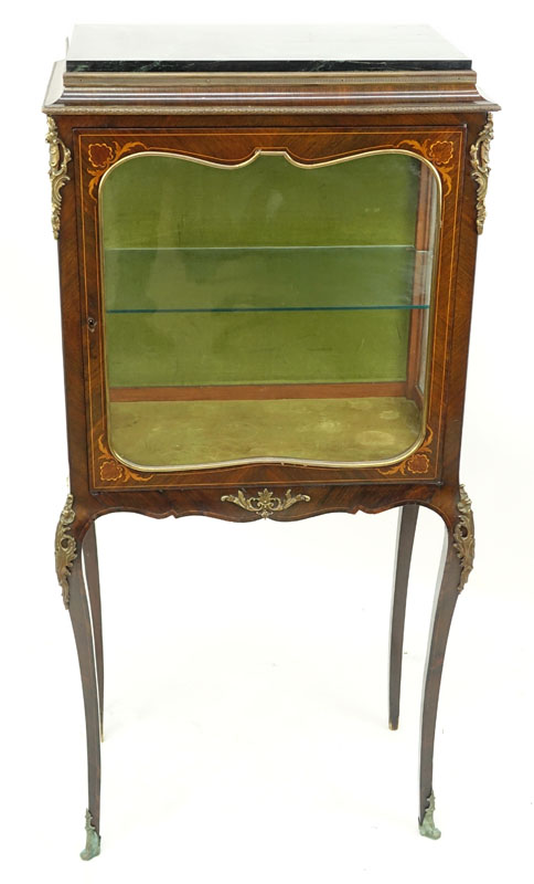 Antique Louis XV Style French Bronze Mounted Marquetry Inlaid Glass Vitrine with Marble Top. Has one glass shelf.