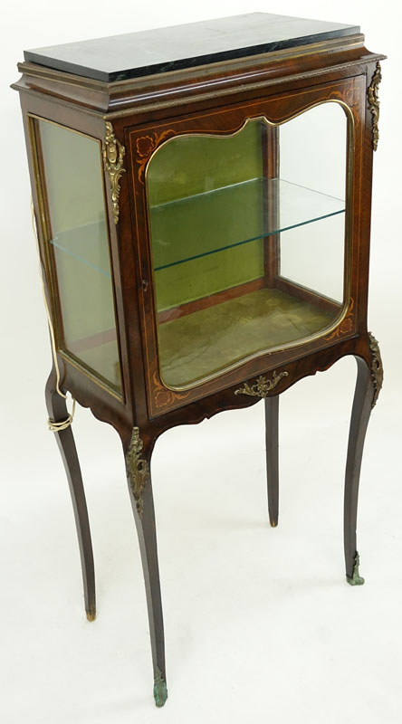 Antique Louis XV Style French Bronze Mounted Marquetry Inlaid Glass Vitrine with Marble Top. Has one glass shelf.