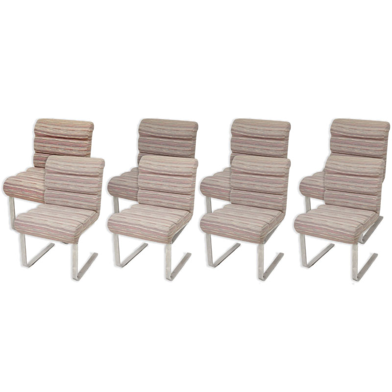 Set of Eight (8) Mariani for Pace "Lugano" Chrome and Upholstered Chairs. Light stains to a few chairs, minor wear to upholstery.