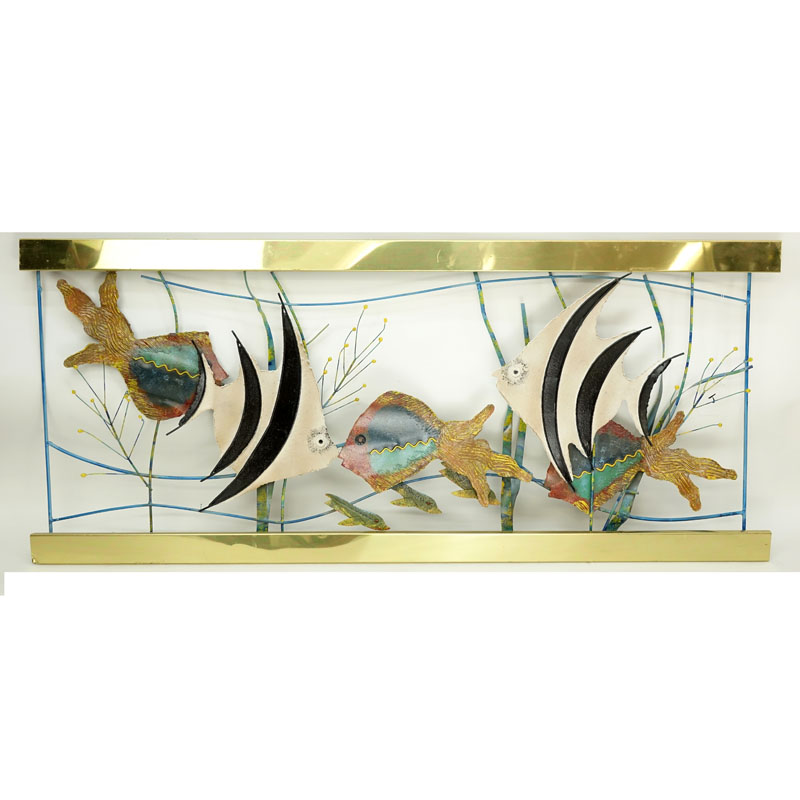 Curtis Jere, Chinese/ American (1910 - 2008) Polychrome Metal and Brass "Aquarium" Wall Hanging Sculpture. Signed and dated 1993.