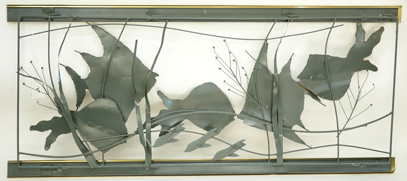 Curtis Jere, Chinese/ American (1910 - 2008) Polychrome Metal and Brass "Aquarium" Wall Hanging Sculpture. Signed and dated 1993.