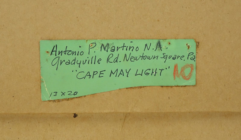 Antonio Pietro Martino, American (1902-1988) Oil on board "Cape May Light". Signed lower left, label en verso.