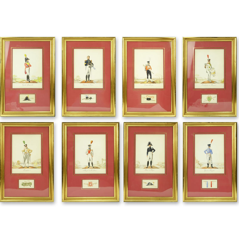 Collection of Eight (8) 19th Century French Military Gouache On Paper Paintings. Includes portraits of various officers: Etat Major, Garde Imperiale Lapeur, Garde Royale, Place Major, Major d'Artillier, Tambours en Parade, Officier d' Etat.